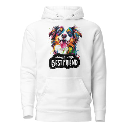 Colorful pop art dog hoodie with 'Always My Best Friend' design – unisex streetwear by Hipyfi. white-front-2