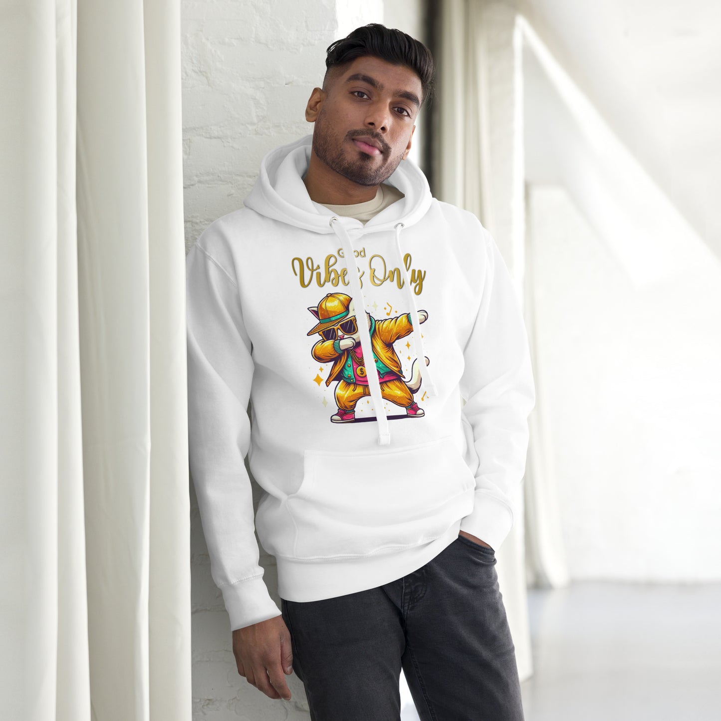 Unisex Good Vibes Cat Hoodie featuring a dabbing cat in hip-hop streetwear – premium graphic hoodie by Hipyfi Clothes & Design. white-front