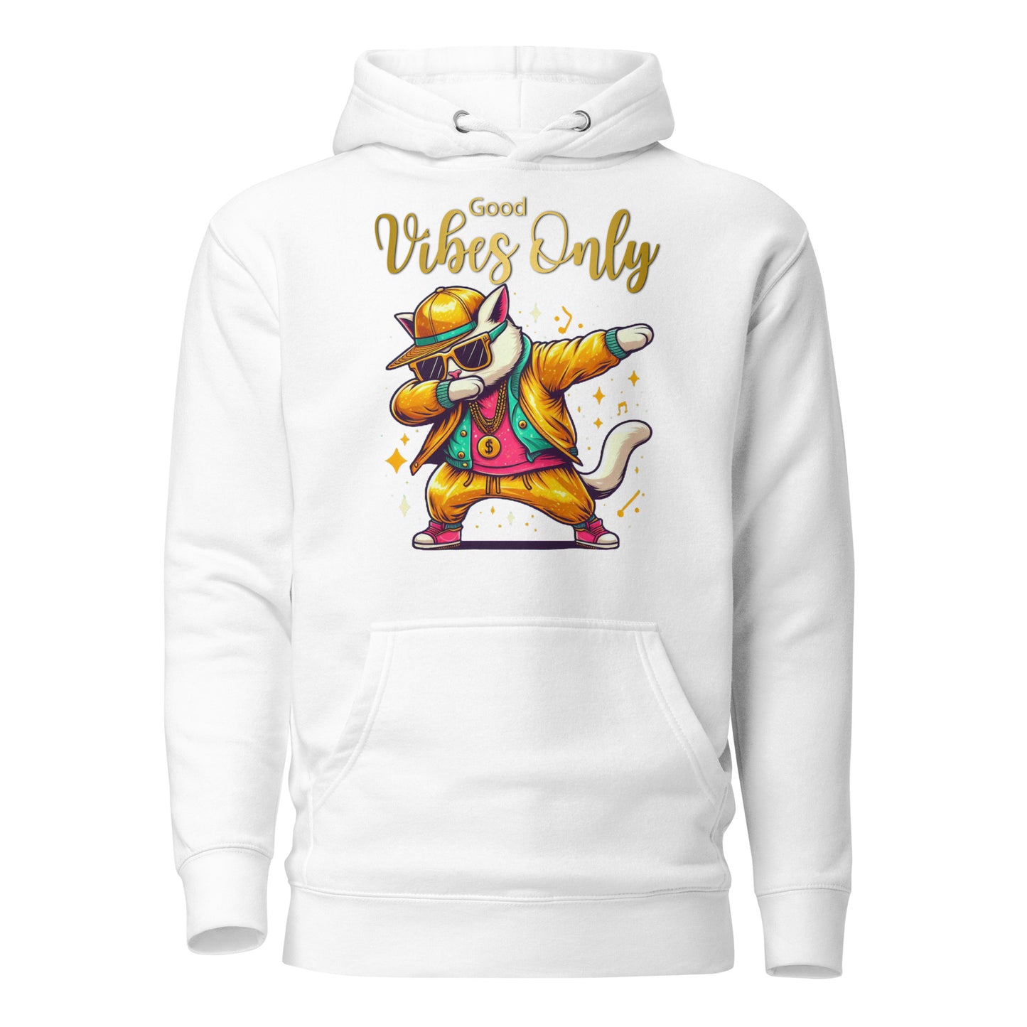 Unisex Good Vibes Cat Hoodie featuring a dabbing cat in hip-hop streetwear – premium graphic hoodie by Hipyfi Clothes & Design. white-front-2