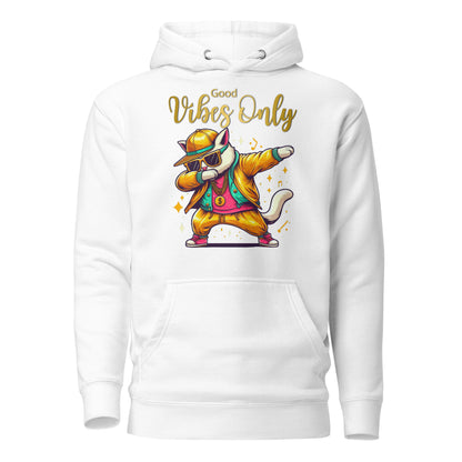 Unisex Good Vibes Cat Hoodie featuring a dabbing cat in hip-hop streetwear – premium graphic hoodie by Hipyfi Clothes & Design. white-front-2