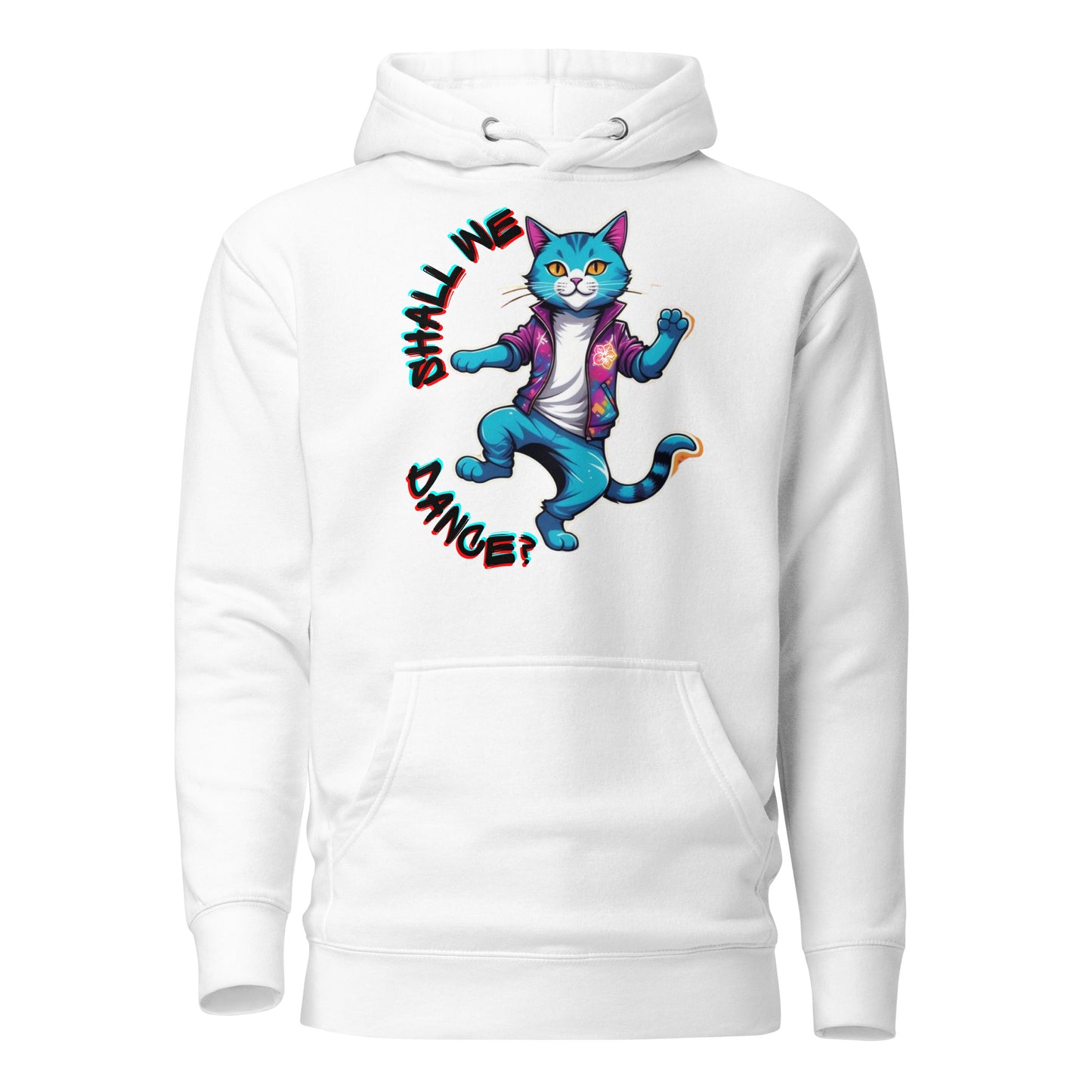 Hipyfi Unisex Premium Hoodie with Vibrant Dance Cat Graphic - Streetwear Style, Soft Cotton Blend, Front Pouch Pocket and Cozy Hood. white-front-2
