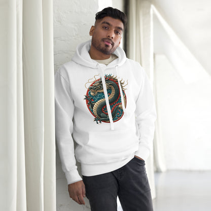 Unisex premium hoodie with Chinese dragon design – streetwear graphic by Hipyfi Clothes & Design. white-front