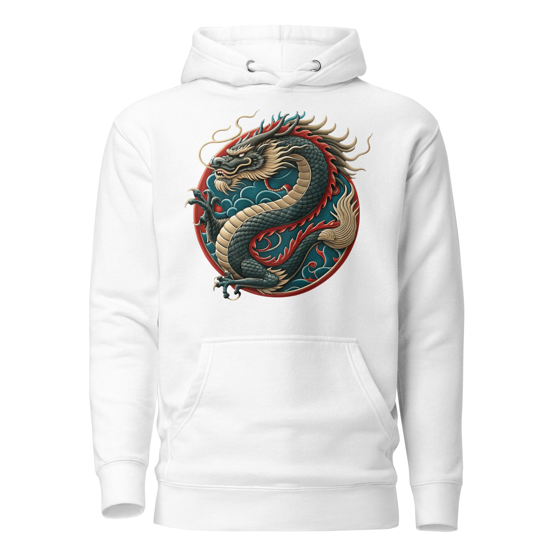 Unisex premium hoodie with Chinese dragon design – streetwear graphic by Hipyfi Clothes & Design. white-front-2