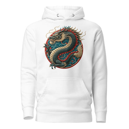 Unisex premium hoodie with Chinese dragon design – streetwear graphic by Hipyfi Clothes & Design. white-front-2