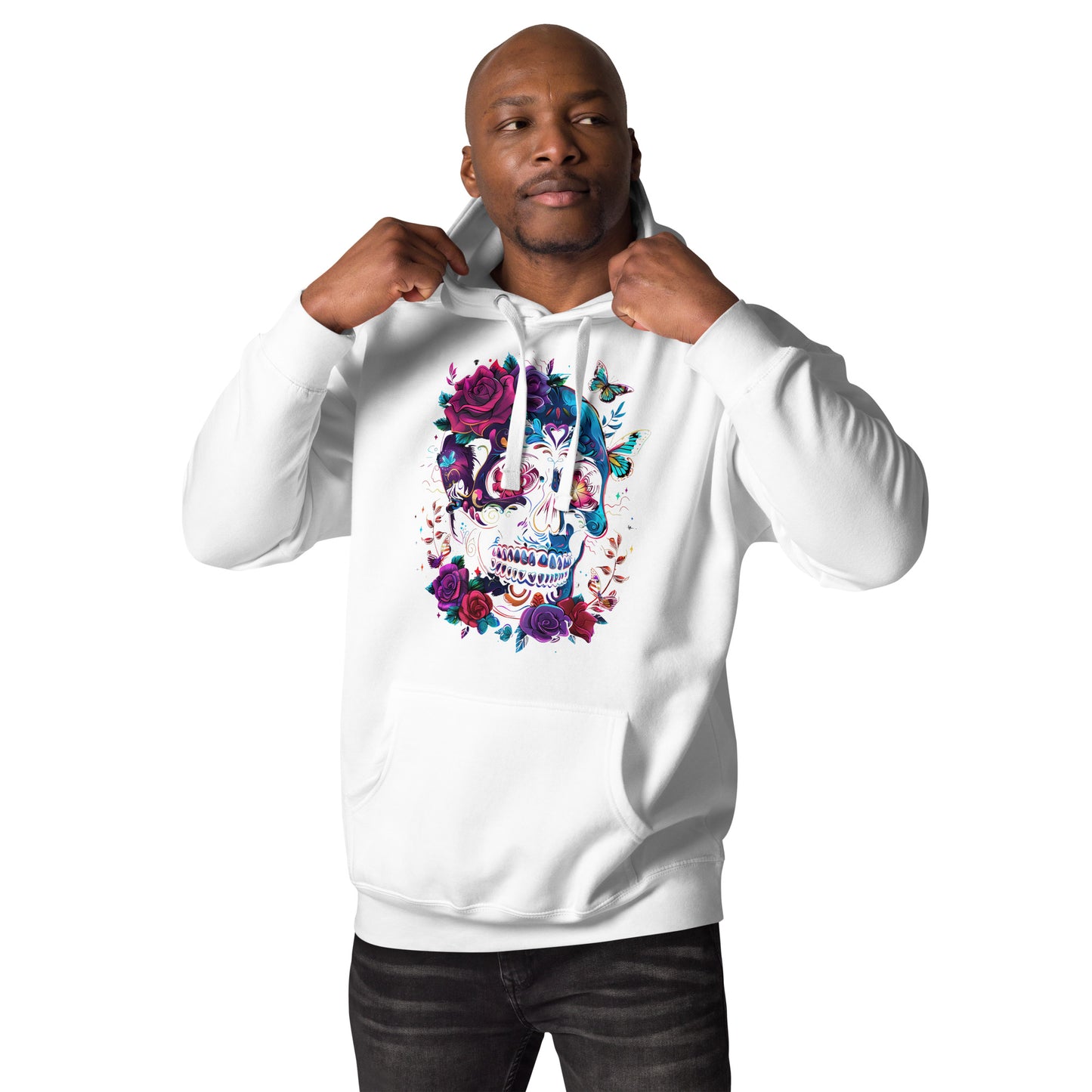 Unisex Skull & Roses Hoodie with Colorful Floral and Butterfly Graphic – Día de los Muertos Streetwear by Hipyfi Clothes & Design. white-front