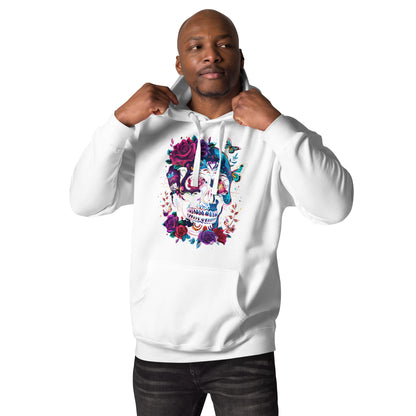 Unisex Skull & Roses Hoodie with Colorful Floral and Butterfly Graphic – Día de los Muertos Streetwear by Hipyfi Clothes & Design. white-front