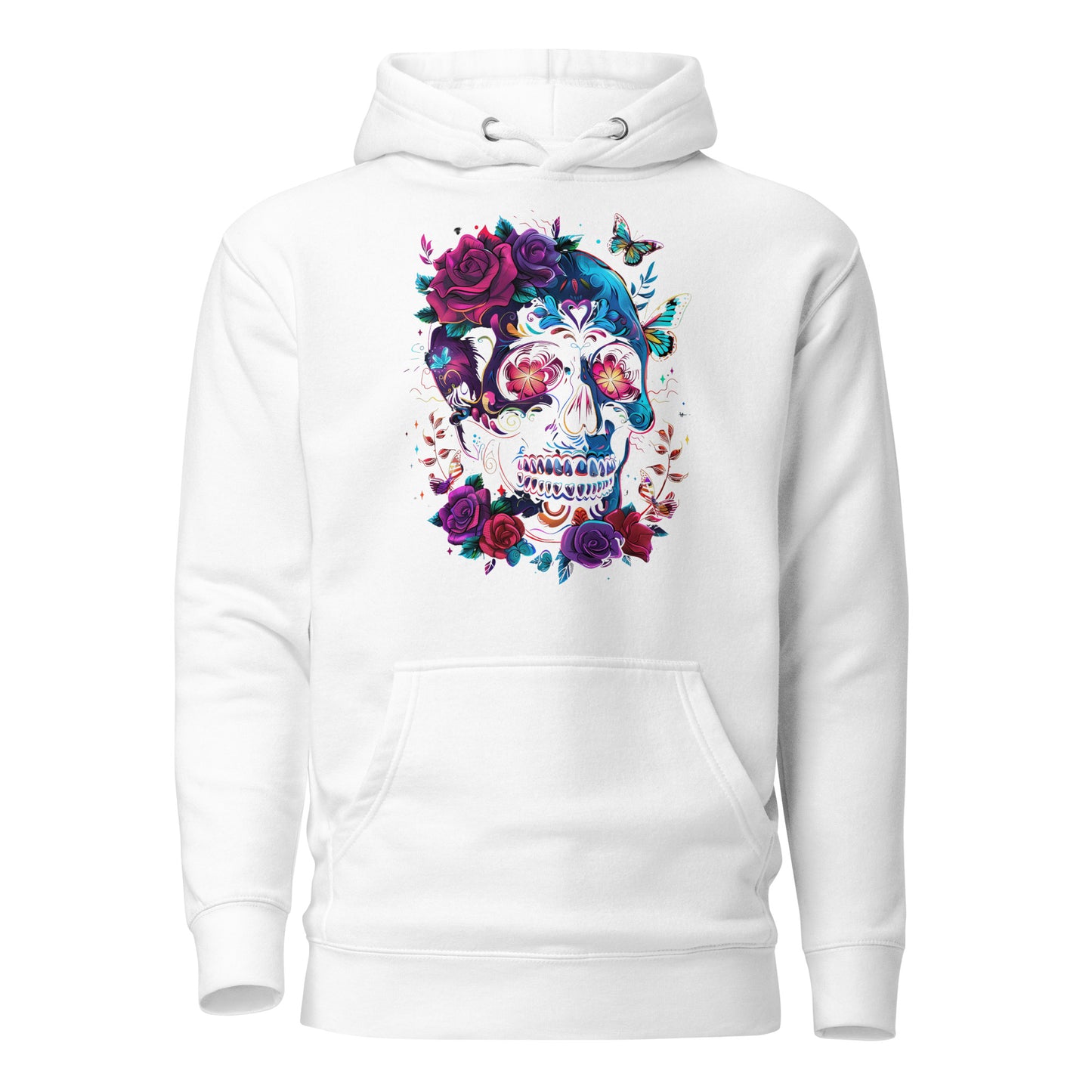 Unisex Skull & Roses Hoodie with Colorful Floral and Butterfly Graphic – Día de los Muertos Streetwear by Hipyfi Clothes & Design. white-front-2
