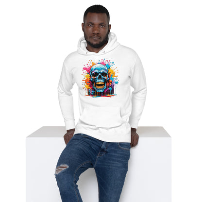 Blue Skull Splash Unisex Streetwear Hoodie by Hipyfi – Digital Art and Graffiti Style. white-front