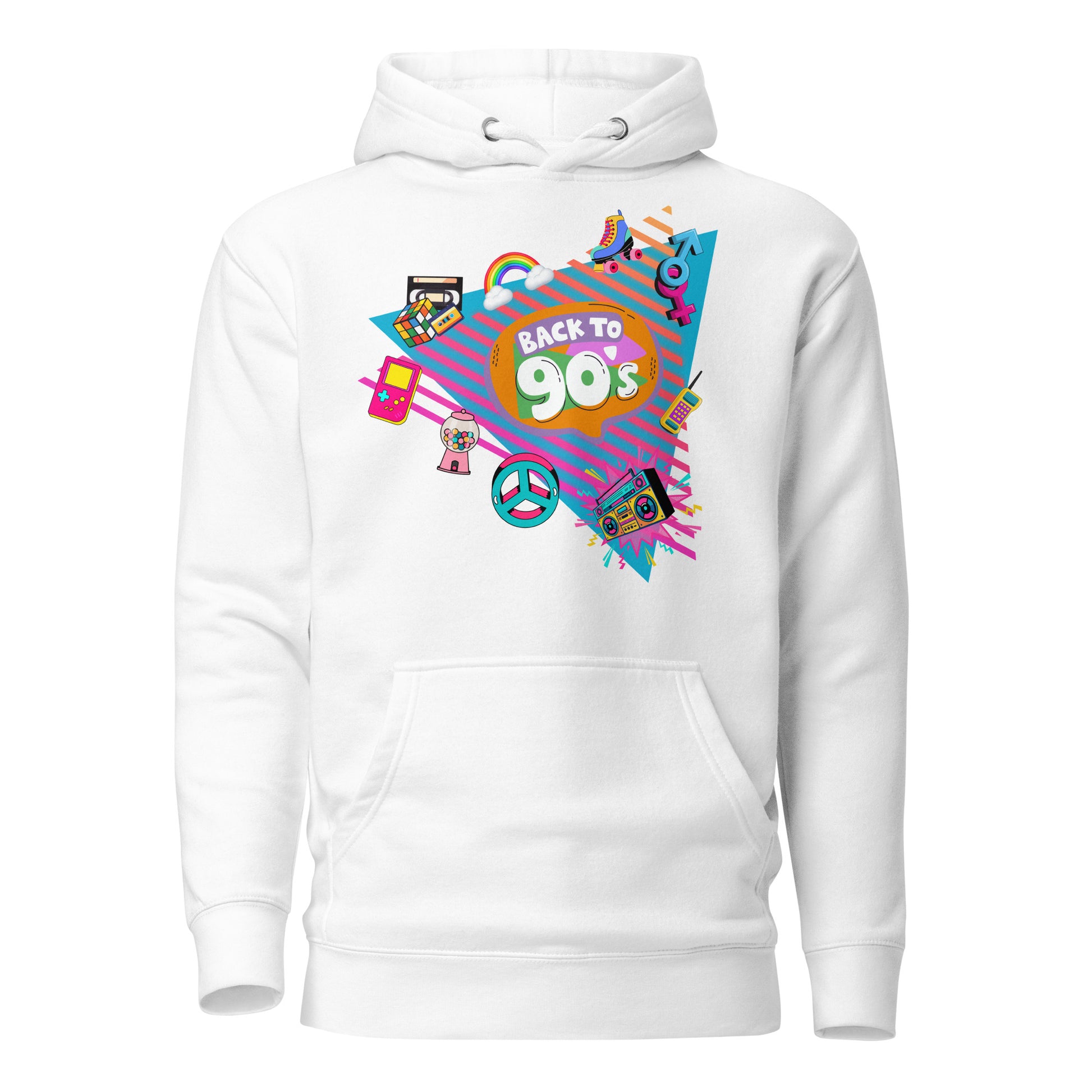 Back to 90s retro unisex graphic hoodie with colorful vintage design – Hipyfi Clothes & Design. white-front-2