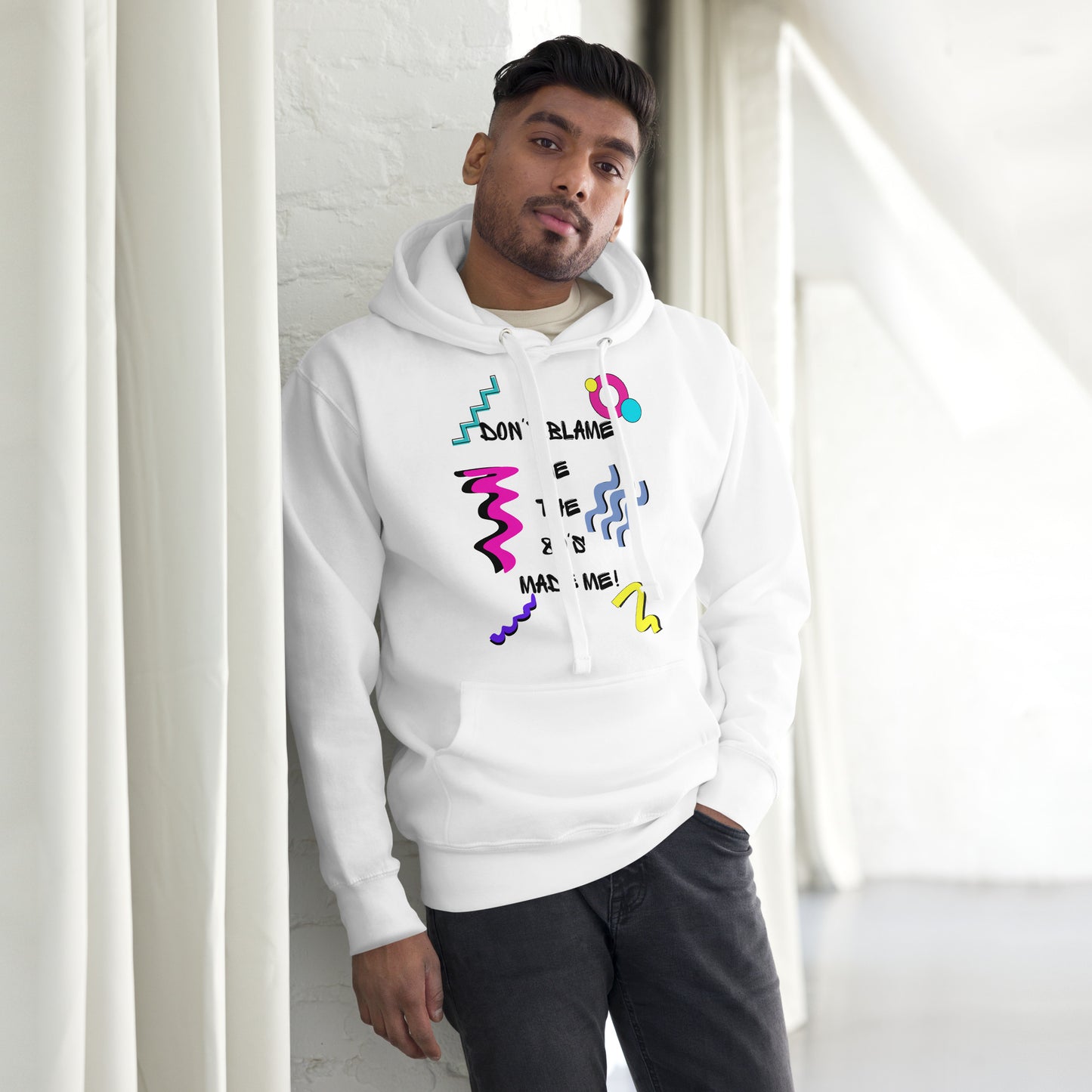 Retro 80s unisex graphic hoodie with colorful abstract design – Don’t Blame Me slogan by Hipyfi Clothes & Design. white-front