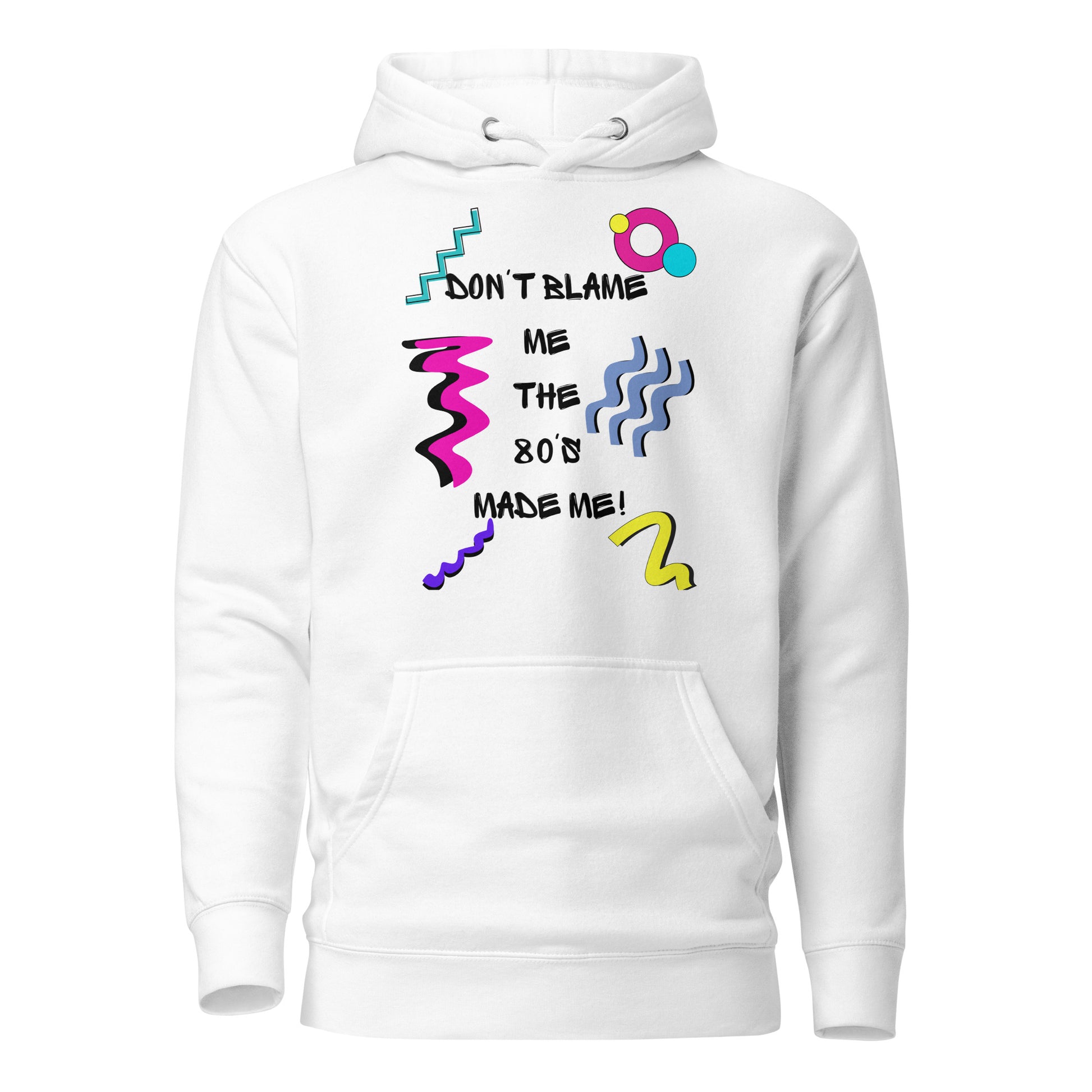 Retro 80s unisex graphic hoodie with colorful abstract design – Don’t Blame Me slogan by Hipyfi Clothes & Design. white-front-2