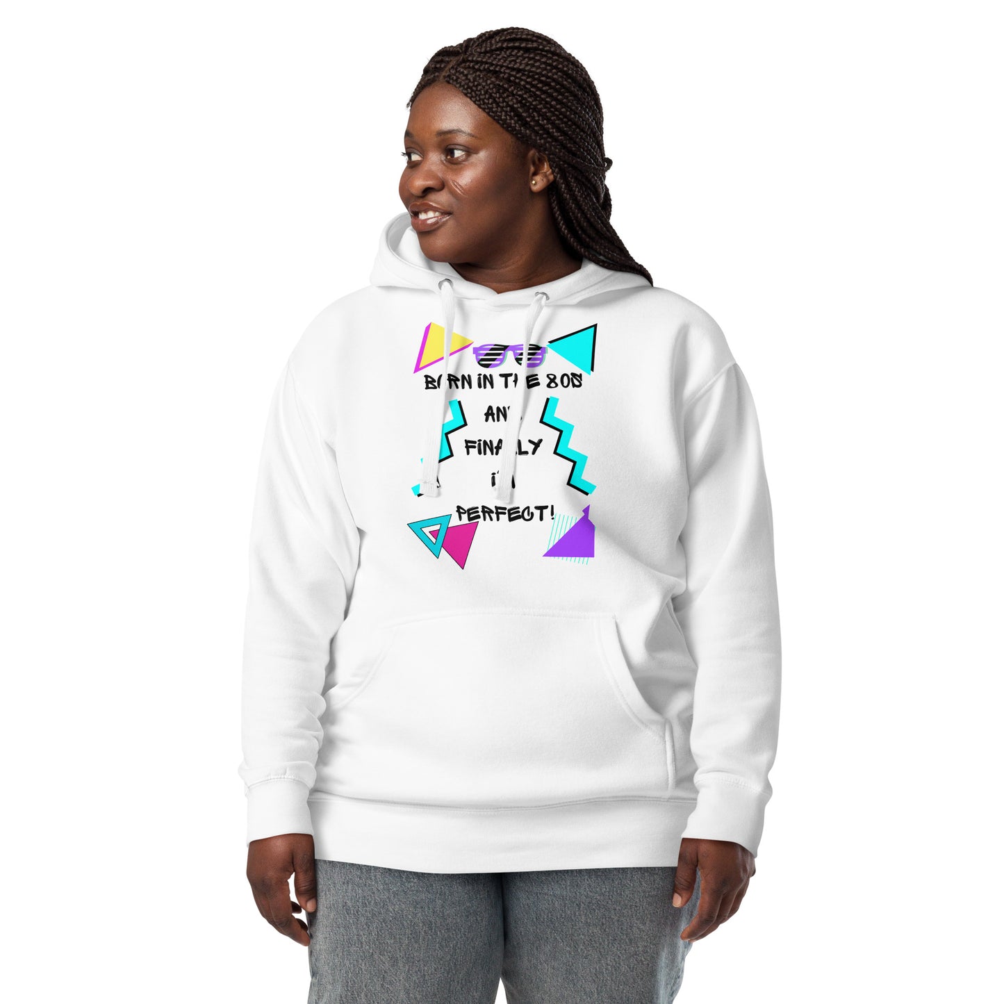 Hipyfi Premium 80s Neon Graphic Hoodie – Unisex Retro Pop Culture Design, Vibrant 80s-inspired geometric graphics. white-front