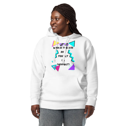 Hipyfi Premium 80s Neon Graphic Hoodie – Unisex Retro Pop Culture Design, Vibrant 80s-inspired geometric graphics. white-front