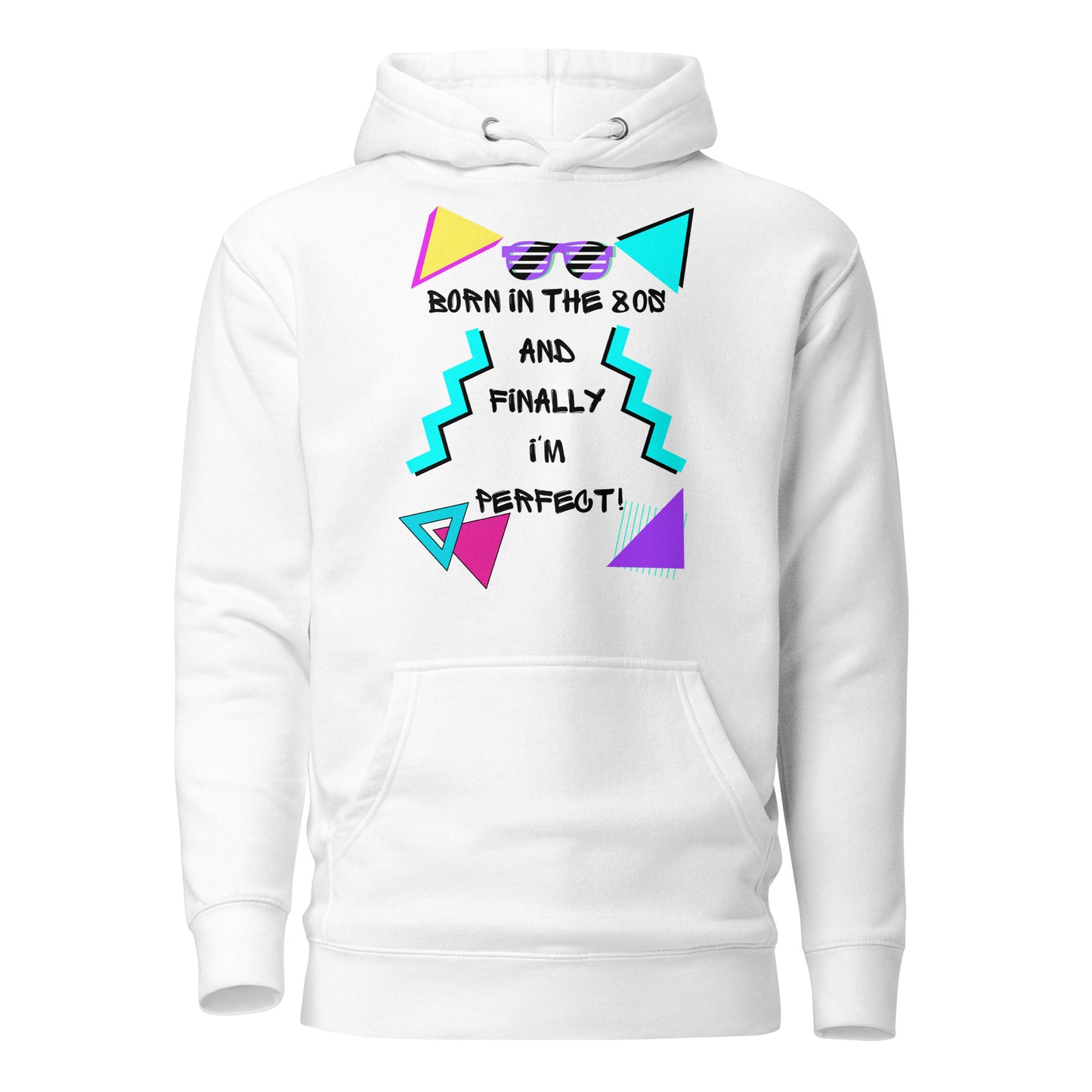 Hipyfi Premium 80s Neon Graphic Hoodie – Unisex Retro Pop Culture Design, Vibrant 80s-inspired geometric graphics. white-front-2