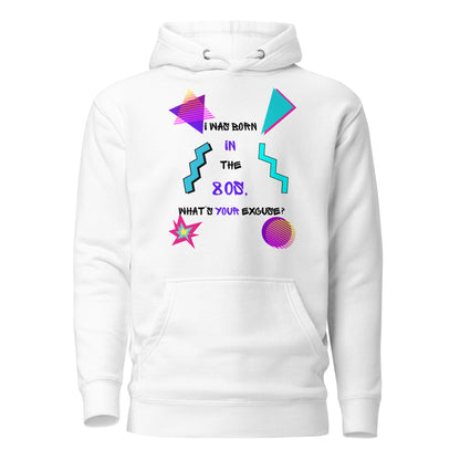 Unisex retro hoodie with bold 80s and 90s neon graphic design – Hipyfi streetwear. white-front-2