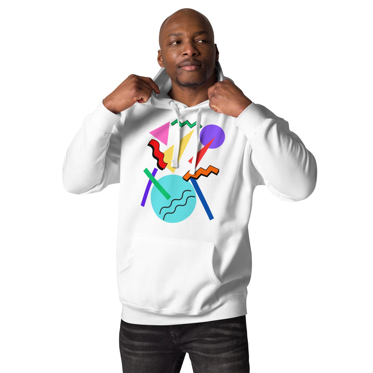 Retro Pop Memphis Hoodie with colorful geometric abstract design – unisex streetwear by Hipyfi Clothes & Design. white-front