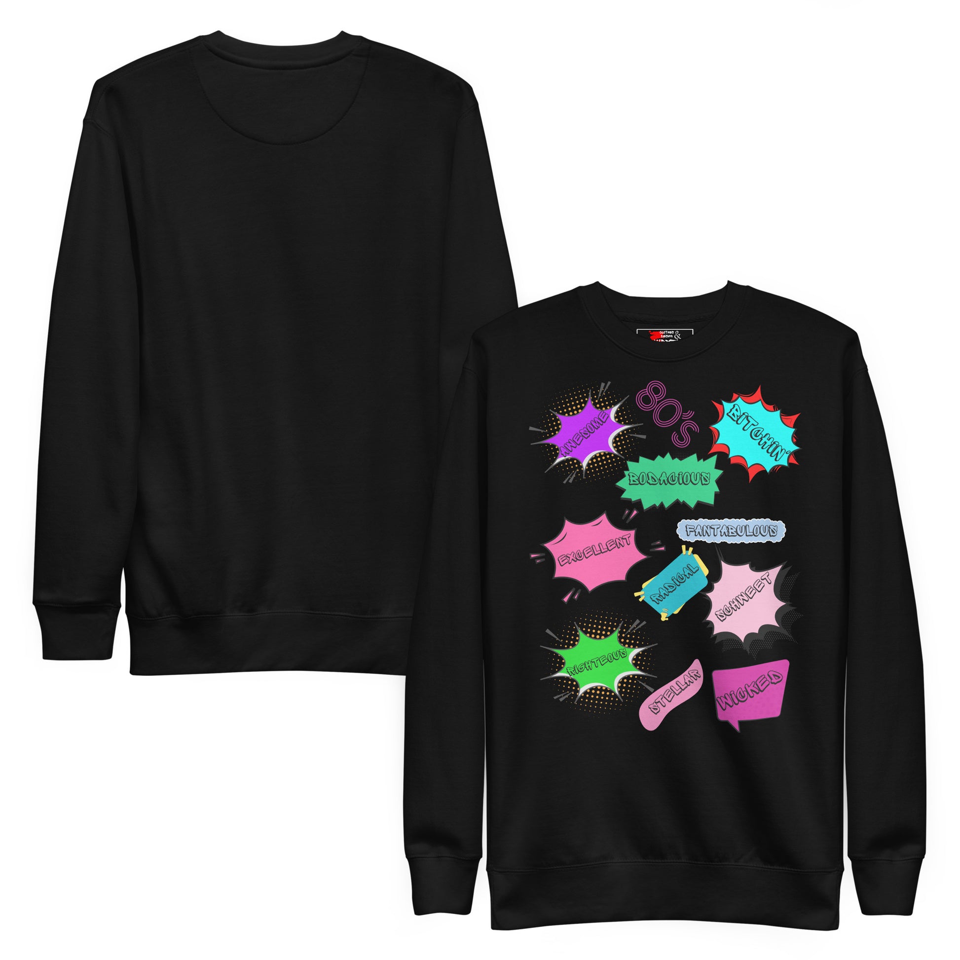 Hipyfi Unisex 80s Pop Art Sweatshirt – Vibrant Retro Graphic Design featuring bold neon colors and comic book style graphics. black-front-and-back