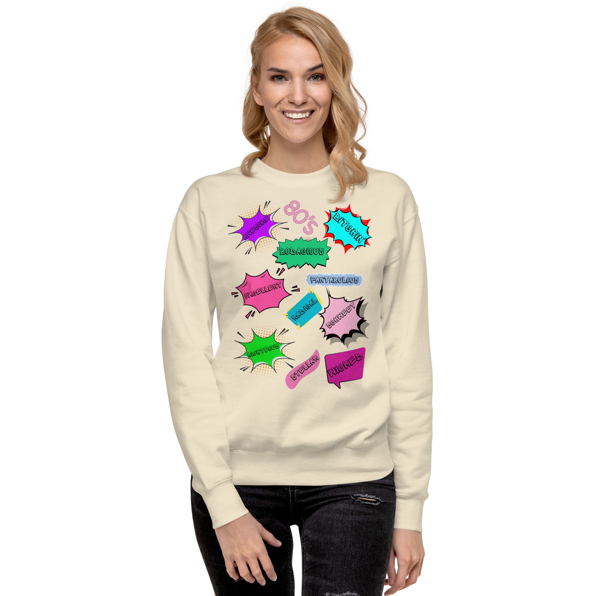 Hipyfi Unisex 80s Pop Art Sweatshirt – Vibrant Retro Graphic Design featuring bold neon colors and comic book style graphics. bone-front-4