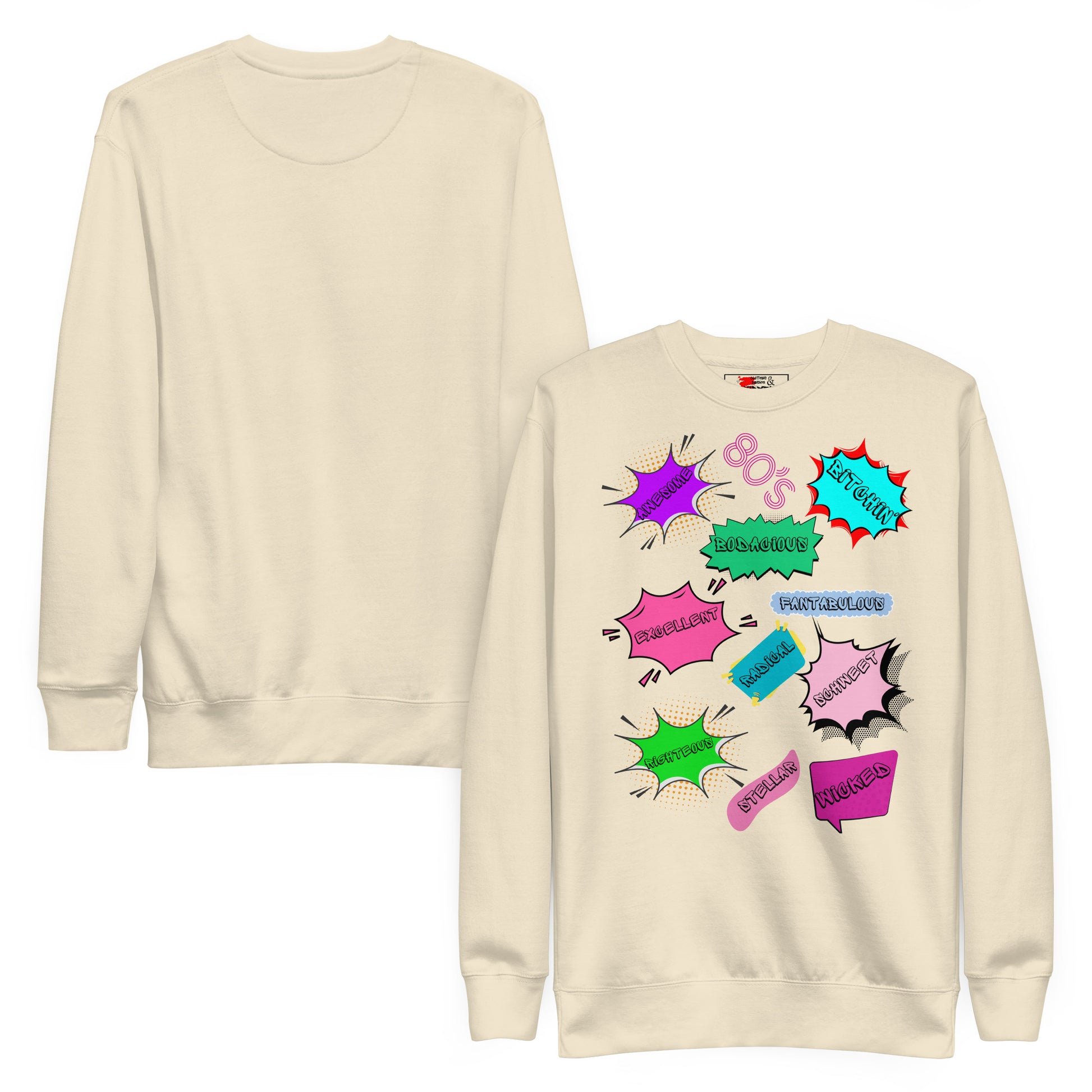 Hipyfi Unisex 80s Pop Art Sweatshirt – Vibrant Retro Graphic Design featuring bold neon colors and comic book style graphics. bone-front-and-back