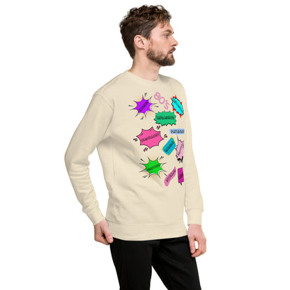Hipyfi Unisex 80s Pop Art Sweatshirt – Vibrant Retro Graphic Design featuring bold neon colors and comic book style graphics. bone-right-front-3