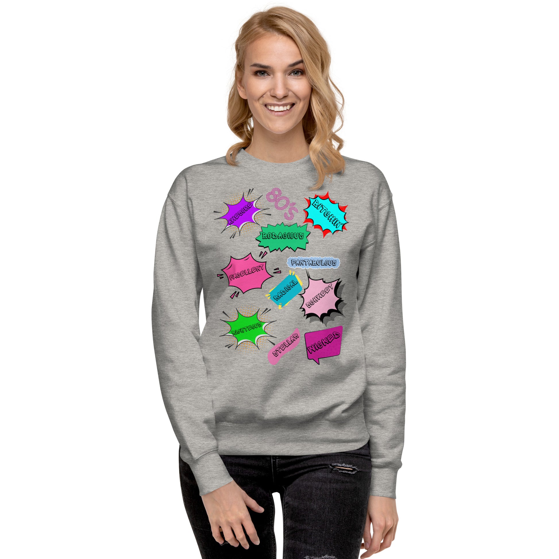 Hipyfi Unisex 80s Pop Art Sweatshirt – Vibrant Retro Graphic Design featuring bold neon colors and comic book style graphics. carbon-grey-front-3
