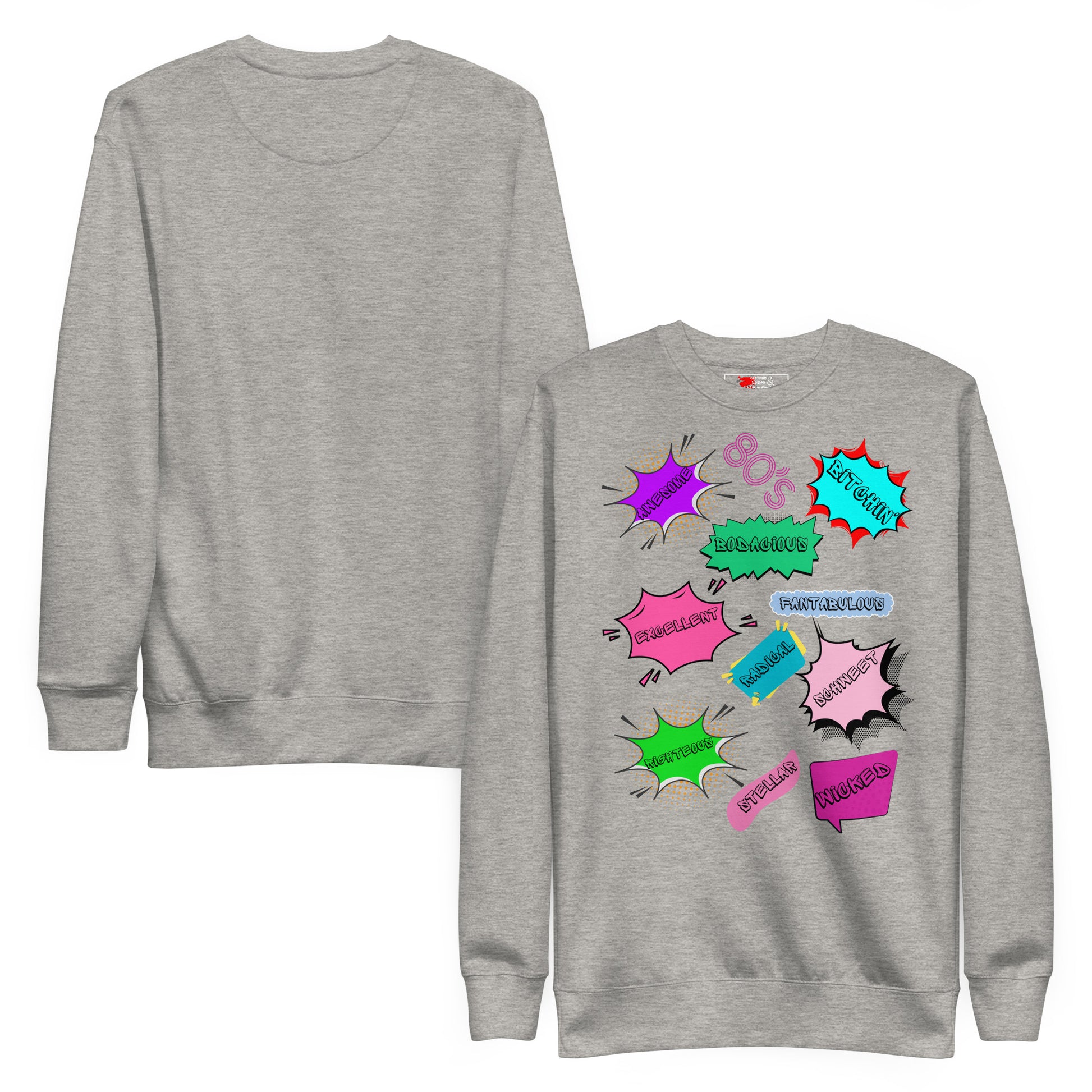 Hipyfi Unisex 80s Pop Art Sweatshirt – Vibrant Retro Graphic Design featuring bold neon colors and comic book style graphics. carbon-grey-front-and-back