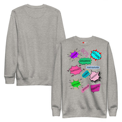 Hipyfi Unisex 80s Pop Art Sweatshirt – Vibrant Retro Graphic Design featuring bold neon colors and comic book style graphics. carbon-grey-front-and-back