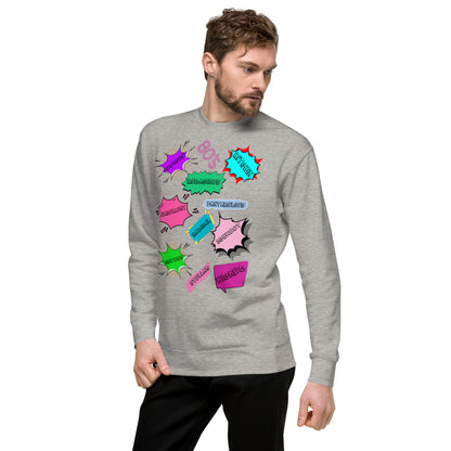 Hipyfi Unisex 80s Pop Art Sweatshirt – Vibrant Retro Graphic Design featuring bold neon colors and comic book style graphics. carbon-grey-left-front