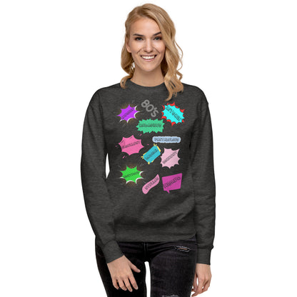 Hipyfi Unisex 80s Pop Art Sweatshirt – Vibrant Retro Graphic Design featuring bold neon colors and comic book style graphics. charcoal-heather-front-3