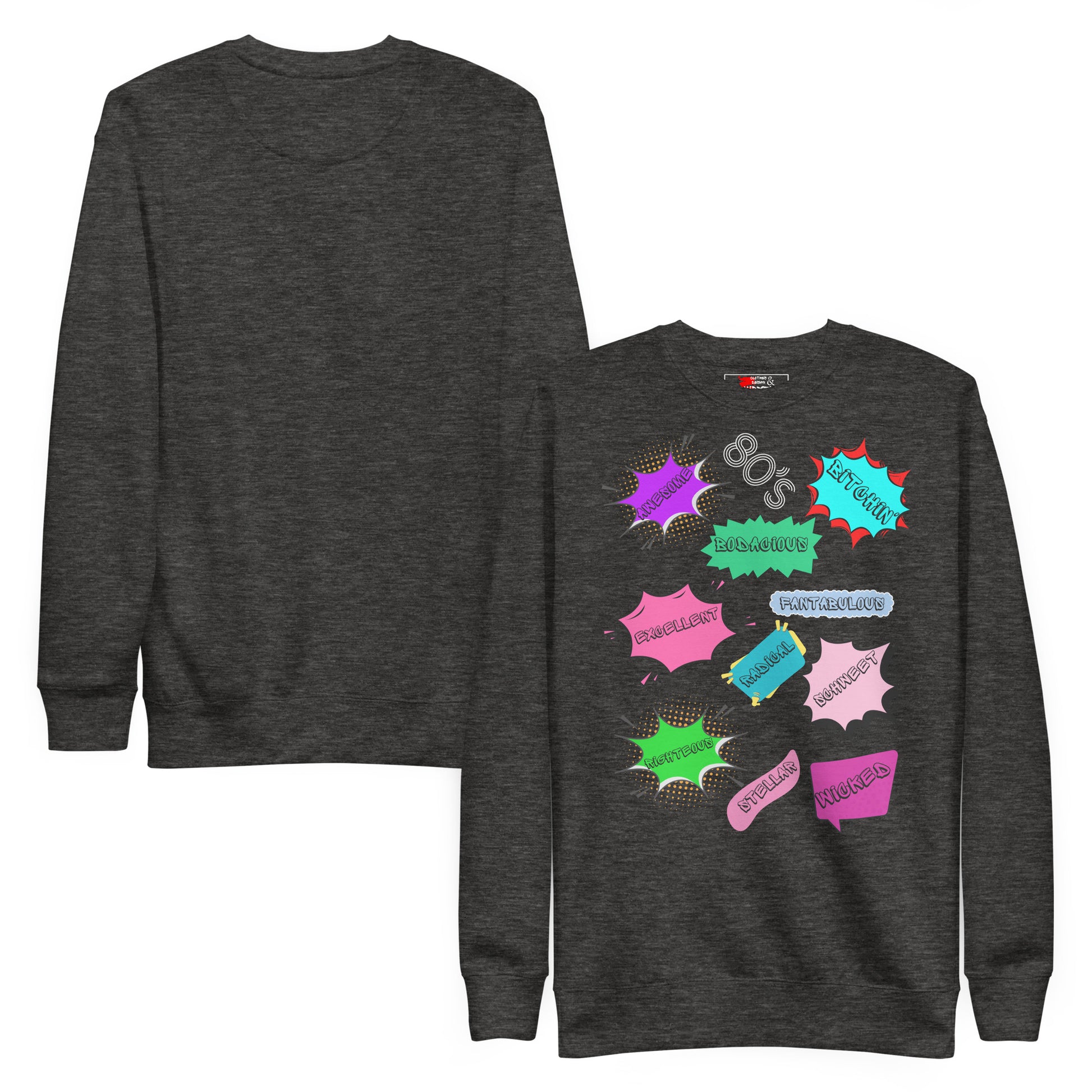 Hipyfi Unisex 80s Pop Art Sweatshirt – Vibrant Retro Graphic Design featuring bold neon colors and comic book style graphics. charcoal-heather-front-and-back