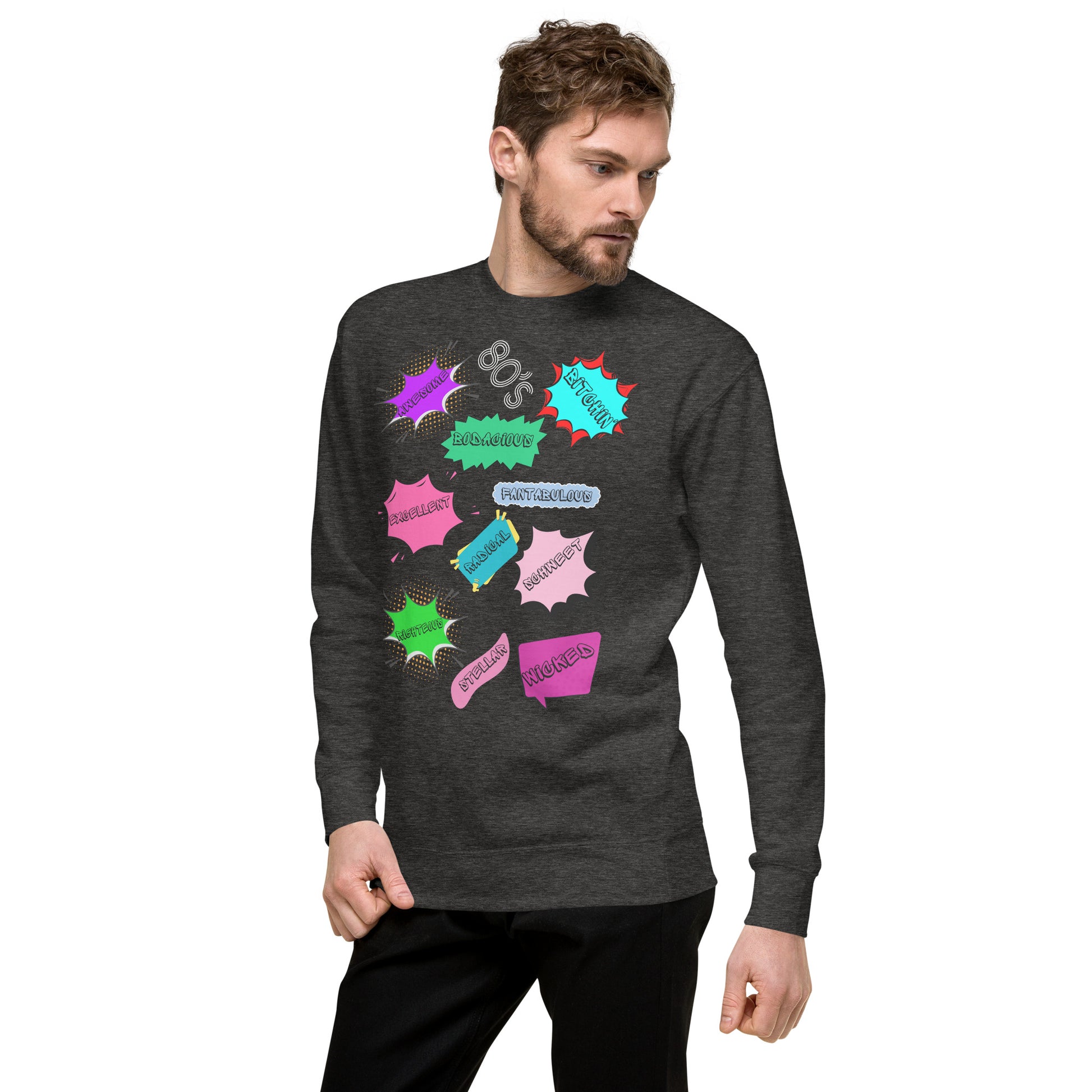 Hipyfi Unisex 80s Pop Art Sweatshirt – Vibrant Retro Graphic Design featuring bold neon colors and comic book style graphics. charcoal-heather-left-front