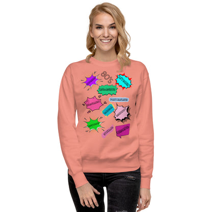 Hipyfi Unisex 80s Pop Art Sweatshirt – Vibrant Retro Graphic Design featuring bold neon colors and comic book style graphics. dusty-rose-front-3