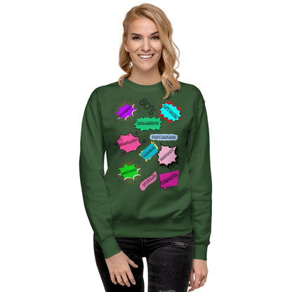 Hipyfi Unisex 80s Pop Art Sweatshirt – Vibrant Retro Graphic Design featuring bold neon colors and comic book style graphics. forest-green-front-2