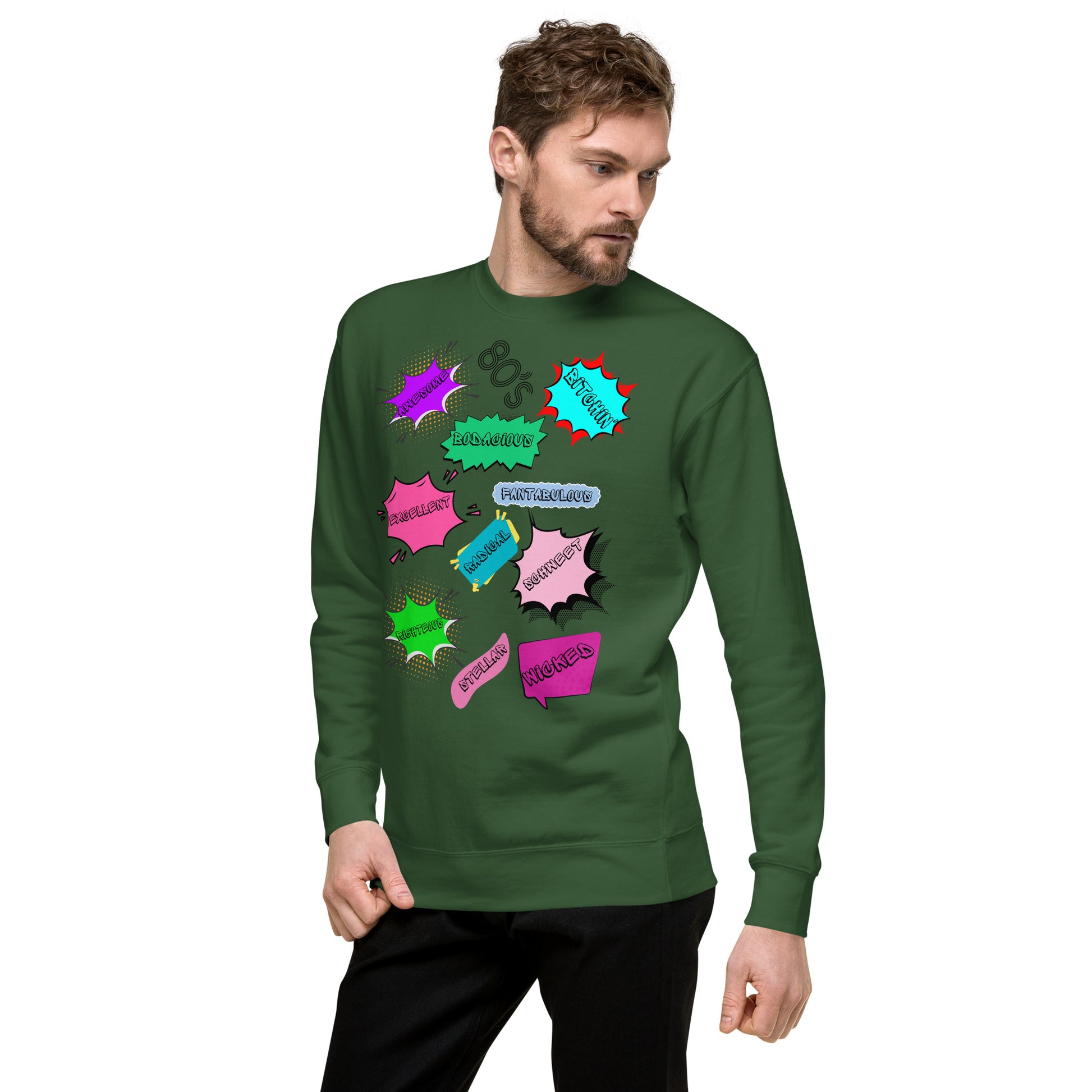Hipyfi Unisex 80s Pop Art Sweatshirt – Vibrant Retro Graphic Design featuring bold neon colors and comic book style graphics. forest-green-left-front