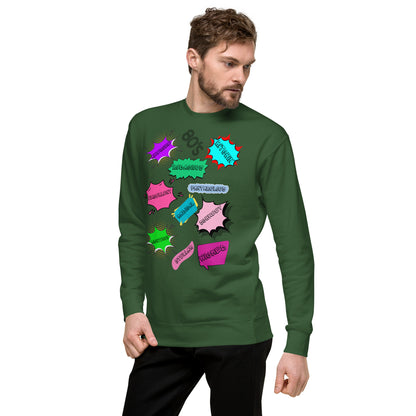 Hipyfi Unisex 80s Pop Art Sweatshirt – Vibrant Retro Graphic Design featuring bold neon colors and comic book style graphics. forest-green-left-front