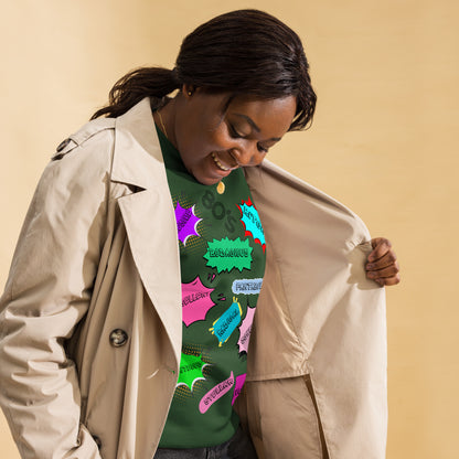 Hipyfi Unisex 80s Pop Art Sweatshirt – Vibrant Retro Graphic Design featuring bold neon colors and comic book style graphics. forest-green-right-front