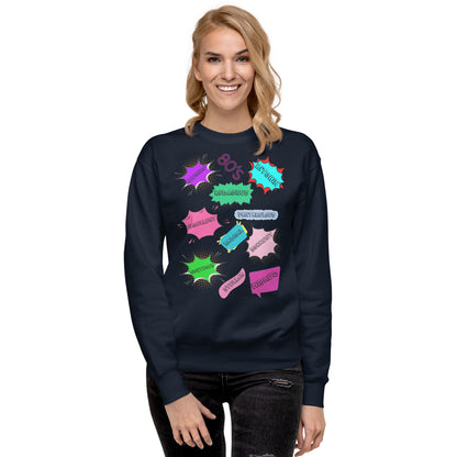 Hipyfi Unisex 80s Pop Art Sweatshirt – Vibrant Retro Graphic Design featuring bold neon colors and comic book style graphics. navy-blazer-front-3