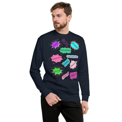 Hipyfi Unisex 80s Pop Art Sweatshirt – Vibrant Retro Graphic Design featuring bold neon colors and comic book style graphics. navy-blazer-front-4