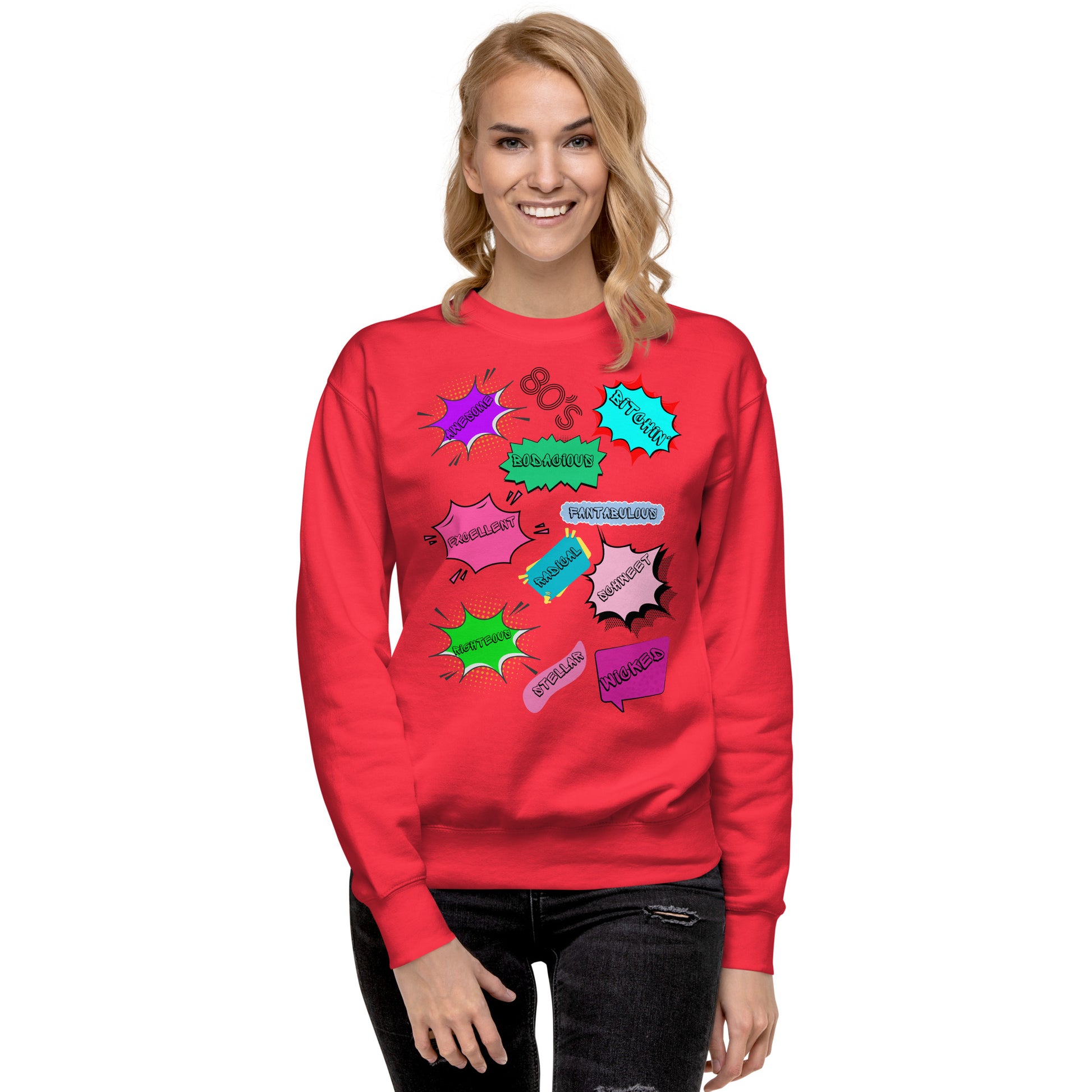 Hipyfi Unisex 80s Pop Art Sweatshirt – Vibrant Retro Graphic Design featuring bold neon colors and comic book style graphics. team-red-front-3