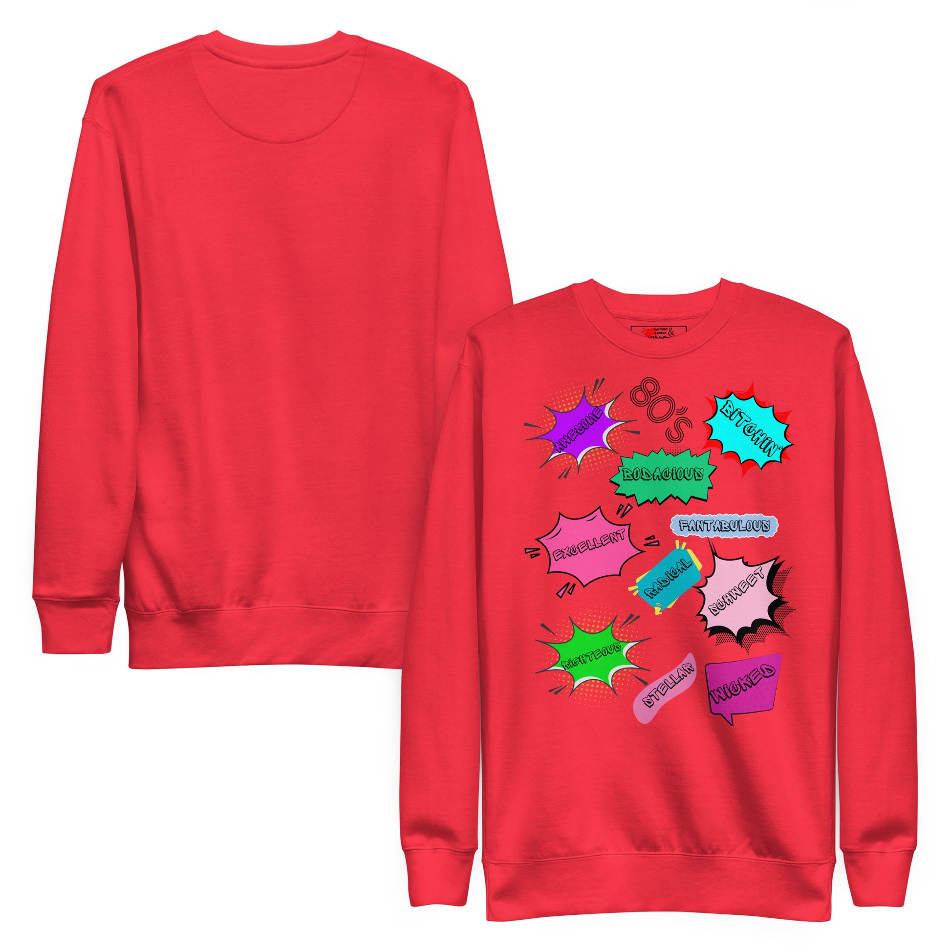 Hipyfi Unisex 80s Pop Art Sweatshirt – Vibrant Retro Graphic Design featuring bold neon colors and comic book style graphics. team-red-front-and-back