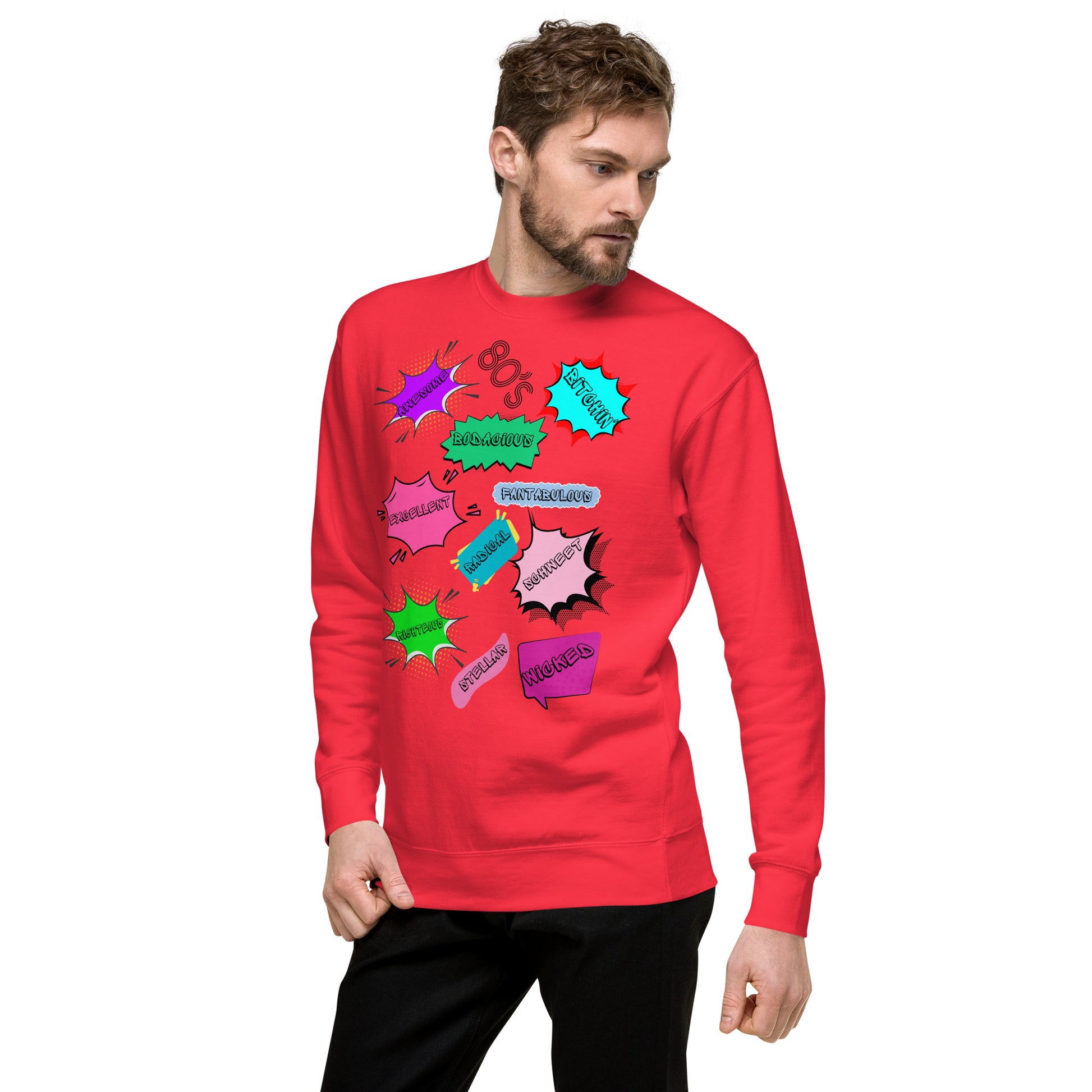 Hipyfi Unisex 80s Pop Art Sweatshirt – Vibrant Retro Graphic Design featuring bold neon colors and comic book style graphics. team-red-left-front