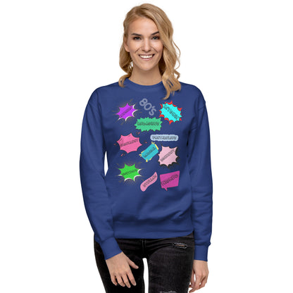 Hipyfi Unisex 80s Pop Art Sweatshirt – Vibrant Retro Graphic Design featuring bold neon colors and comic book style graphics. team-royal-front-3
