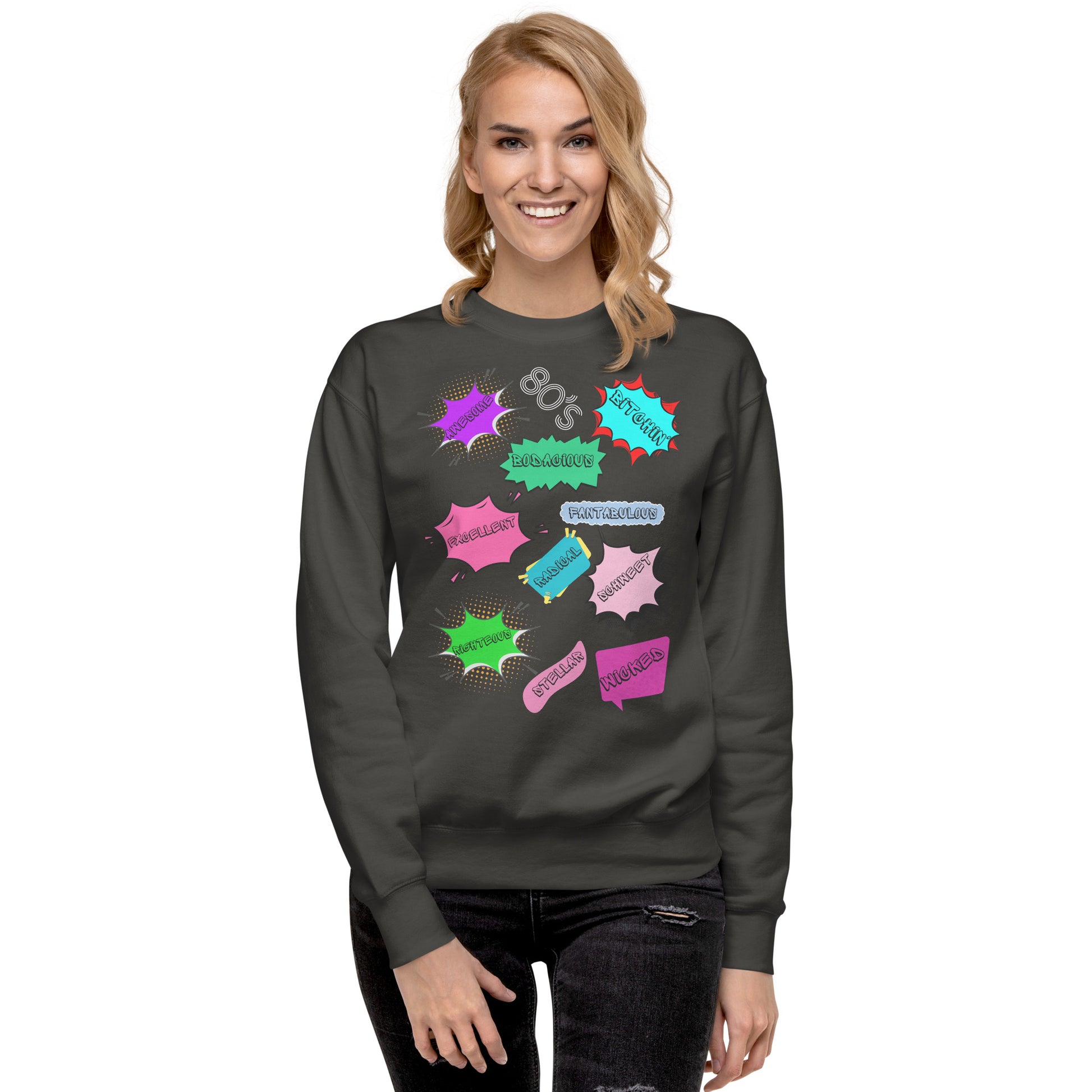 Hipyfi Unisex 80s Pop Art Sweatshirt – Vibrant Retro Graphic Design featuring bold neon colors and comic book style graphics. vintage-black-front-2