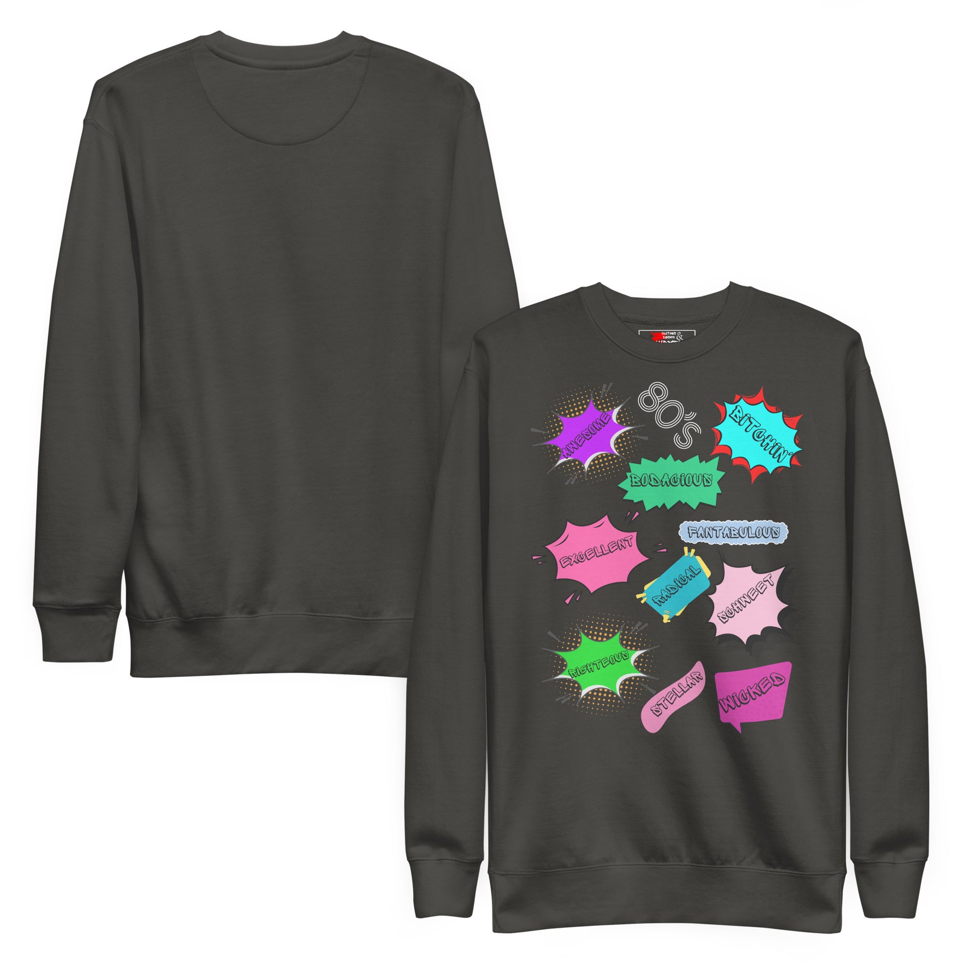 Hipyfi Unisex 80s Pop Art Sweatshirt – Vibrant Retro Graphic Design featuring bold neon colors and comic book style graphics. vintage-black-front-and-back