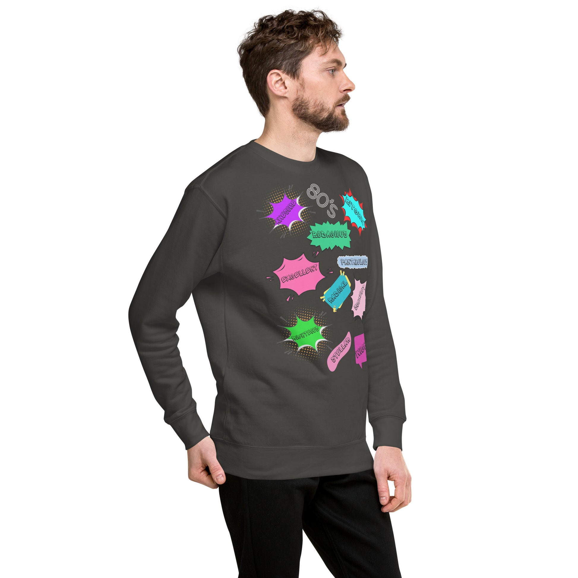 Hipyfi Unisex 80s Pop Art Sweatshirt – Vibrant Retro Graphic Design featuring bold neon colors and comic book style graphics. vintage-black-right-front