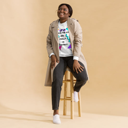 Hipyfi Retro 80s Unisex Premium Sweatshirt – Born in the 80s, featuring bold geometric design and vibrant neon colors. white-front-2