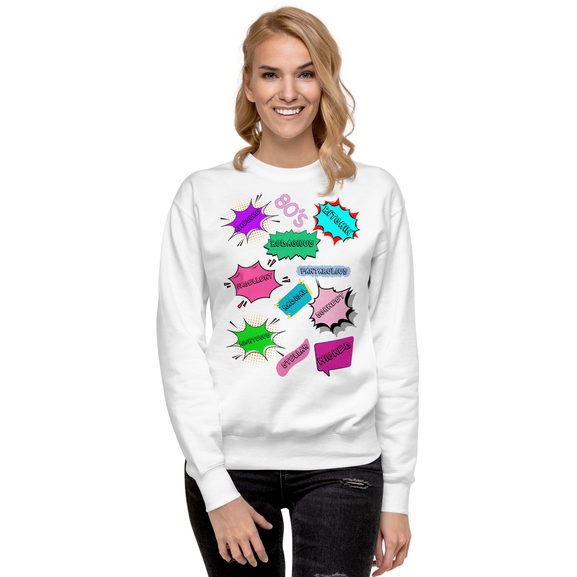 Hipyfi Unisex 80s Pop Art Sweatshirt – Vibrant Retro Graphic Design featuring bold neon colors and comic book style graphics. white-front-3