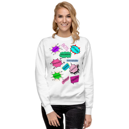 Hipyfi Unisex 80s Pop Art Sweatshirt – Vibrant Retro Graphic Design featuring bold neon colors and comic book style graphics. white-front-3