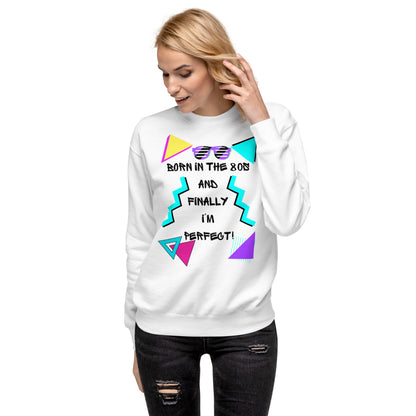 Hipyfi Retro 80s Unisex Premium Sweatshirt – Born in the 80s, featuring bold geometric design and vibrant neon colors. white-front-4