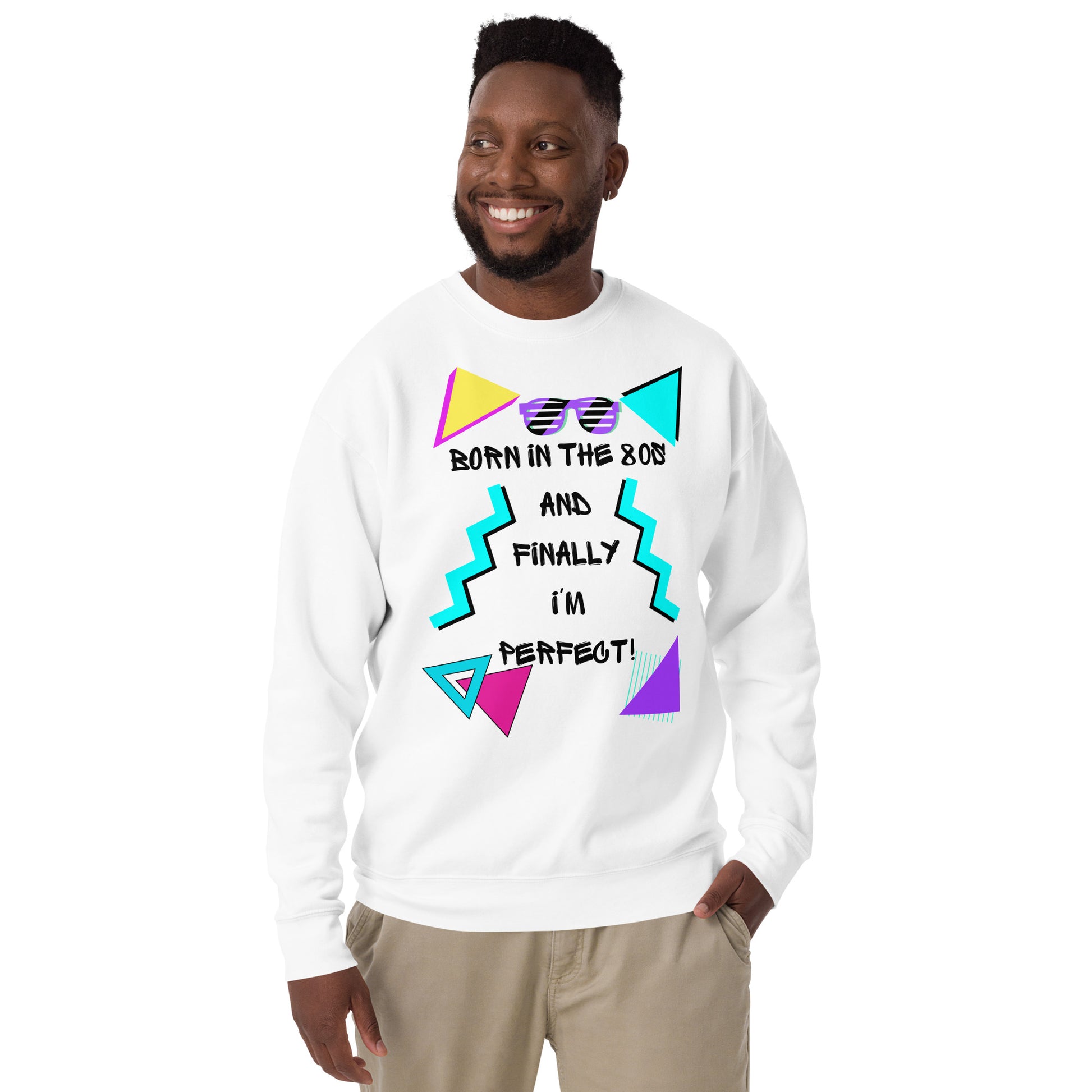 Hipyfi Retro 80s Unisex Premium Sweatshirt – Born in the 80s, featuring bold geometric design and vibrant neon colors. white-front-5